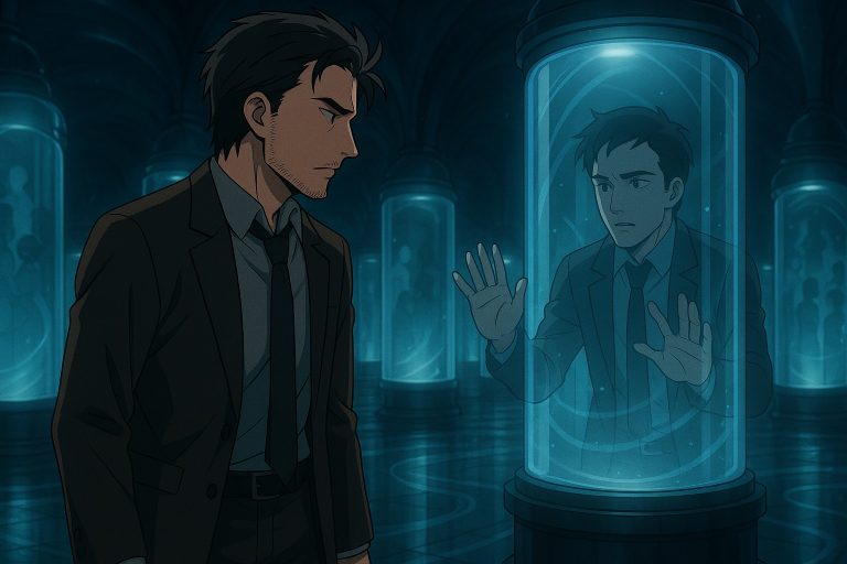 Anime-style illustration of Elias standing in a vast underground hall filled with glowing glass memory pods. In one central pod, he sees a reflection of himself reaching out from behind the glass, surrounded by shimmering echoes of past lives.