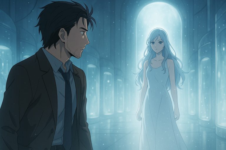 A cinematic anime-style scene of Elias standing inside the glowing Echo chamber, facing Selene who steps out from a pod of soft blue-white light. The atmosphere is surreal and serene, filled with floating particles and reflective glass surfaces. Their eyes meet through the haze — a moment between memory and reality.