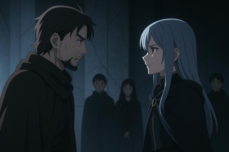 Anime illustration of the father confronting Wind in a dim chamber, their debate about memory and identity unfolding in tense silence.