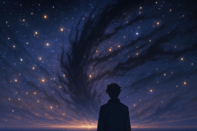 Whispers of the Primordial Memory: Anime illustration of the father dreaming of a cosmic reset, stars fading into void as an ancient voice warns of the Origin echo.