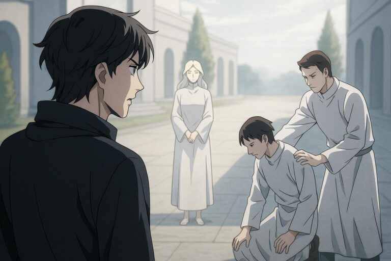 The Mask Falls: Anime illustration of the father standing in a silent utopia under pale light, watching Wind’s followers act with cruel precision as the illusion of freedom cracks.