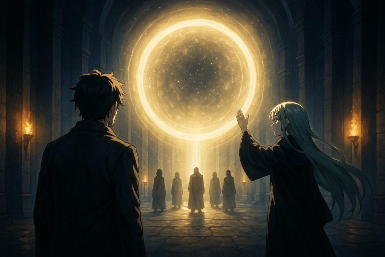 The Primordial Window: Anime illustration of the father standing before a vast circular light in an ancient hall as Wind begins the final ritual, torn between stopping her and witnessing the erasure of all memories.