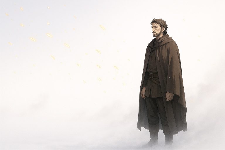 Elias stands in a vast white void after the Primordial Window opens, surrounded by dissolving light as the world forgets its own name.