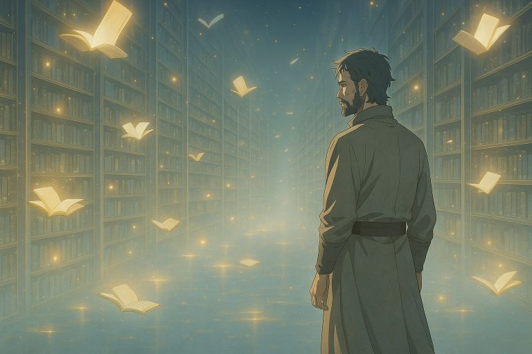 Elias walks through a vast, ethereal library of floating books and glowing shelves, surrounded by whispers of forgotten memories in golden light.