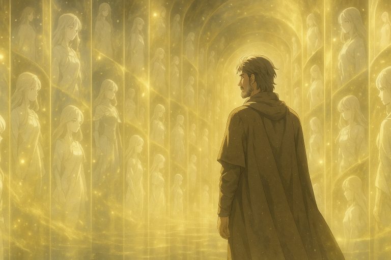 Elias in The Labyrinth Awakens – Windows Across Worlds, walking through a glowing memory maze of Selence’s reflections and golden mist.