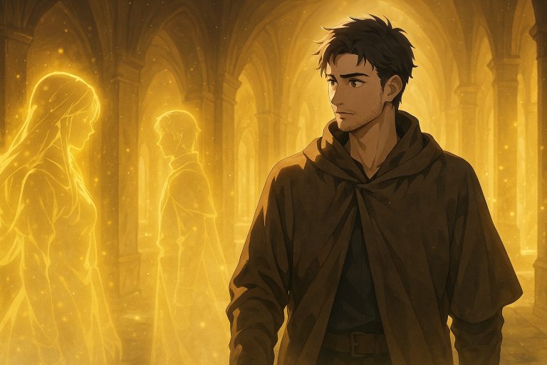 Elias and Selence stand in the Corridor of Origins in Fragments of the First Dawn – Windows Across Worlds, surrounded by fragments of the first light of creation.