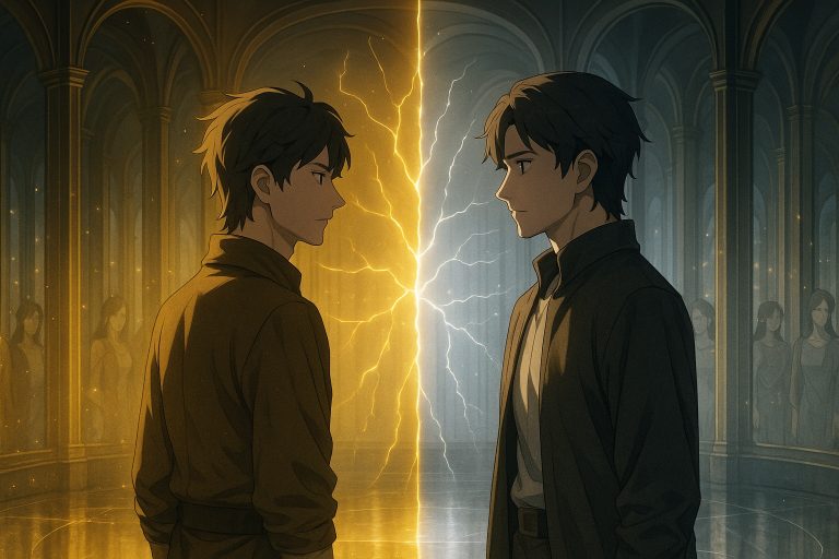 Elias confronts his Echo inside the mirror chamber in The Mirror Without Reflection – Windows Across Worlds, where light fractures between love and order.