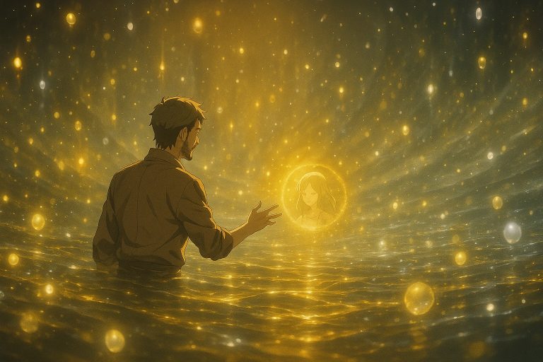 Elias drifts through a golden and silver river of memories in The River That Remembers – Windows Across Worlds, surrounded by glowing droplets symbolizing countless lifetimes.