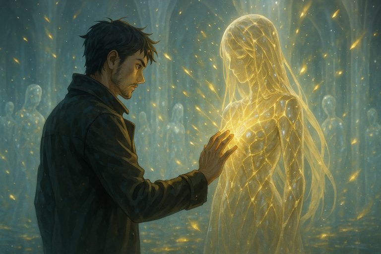 Elias touches the glowing glass statue of Selence in The Chamber of Lost Names – Windows Across Worlds, awakening her fragmented consciousness amid golden and silver light.