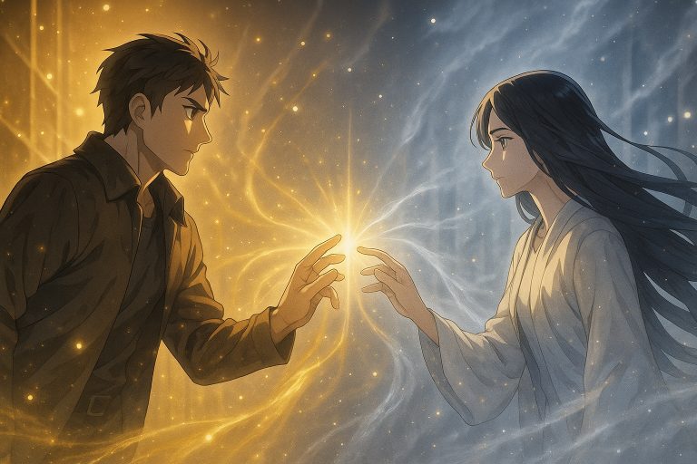 Elias and Selence reach for each other across worlds in The Synchronic Pulse – Windows Across Worlds, golden and silver light intertwining as their hearts synchronize beyond time.