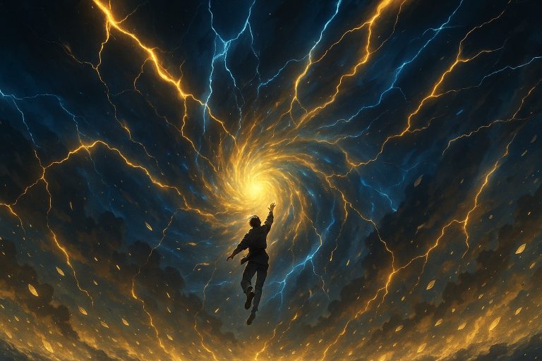 Elias leaps into the collapsing Core in The Collapse of the Custodian System – Windows Across Worlds, surrounded by spiraling golden and blue light as memory fragments fall through shattered skies.