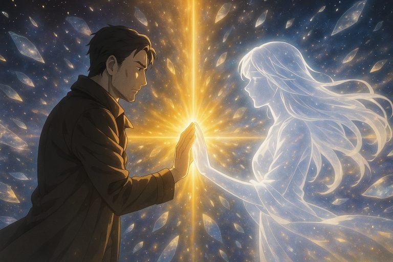 Elias and Selence touch hands within the Primordial Window in The Choice Rewritten – Windows Across Worlds, golden and silver light spreading as the universe remembers every cycle of love and pain.