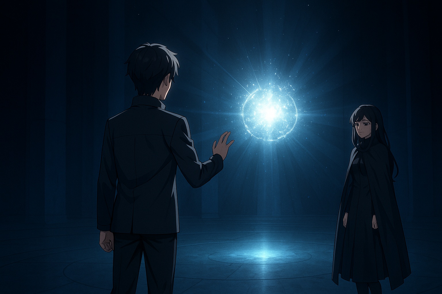 Anime-style illustration of Elias standing before a glowing memory core while Selene watches quietly from behind inside the Archive of Lost Echoes, symbolizing an irreversible choice between truth and love.