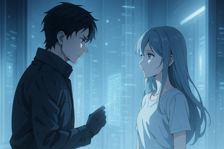 Anime-style scene of Elias standing close to Selene inside the Archive of Lost Echoes, scanning her with holographic data while the system flickers. Blue-white light fills the space, showing an unstable connection between memory and reality.