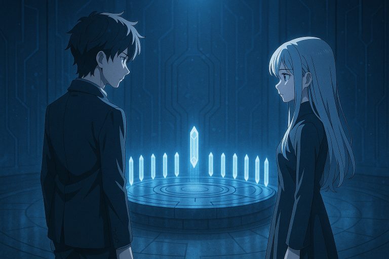 Anime-style illustration of Elias and Selene standing before a circular containment console with thirteen glowing memory shard slots inside the Archive of Lost Echoes. The atmosphere is tense and mysterious, symbolizing a hidden truth and an irreversible choice.