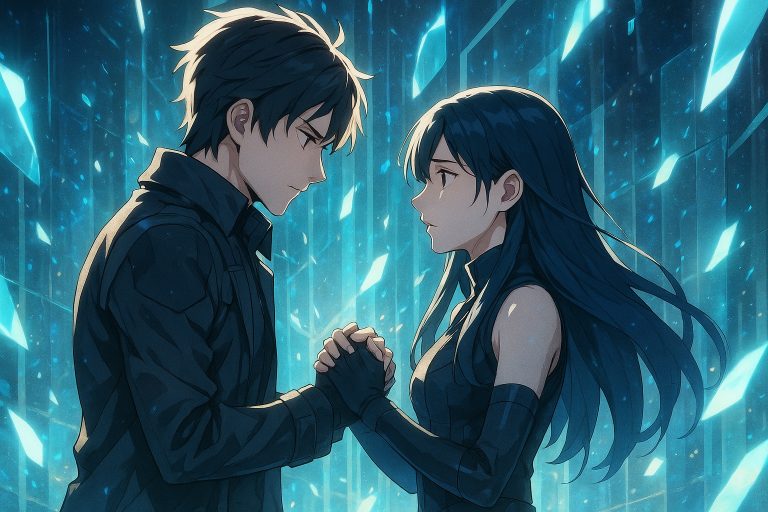 Anime-style illustration of Elias and Selene inside a fractured Echo memory, standing close amid glowing shards and distorted light, revealing a forgotten past where they once fought and loved together.