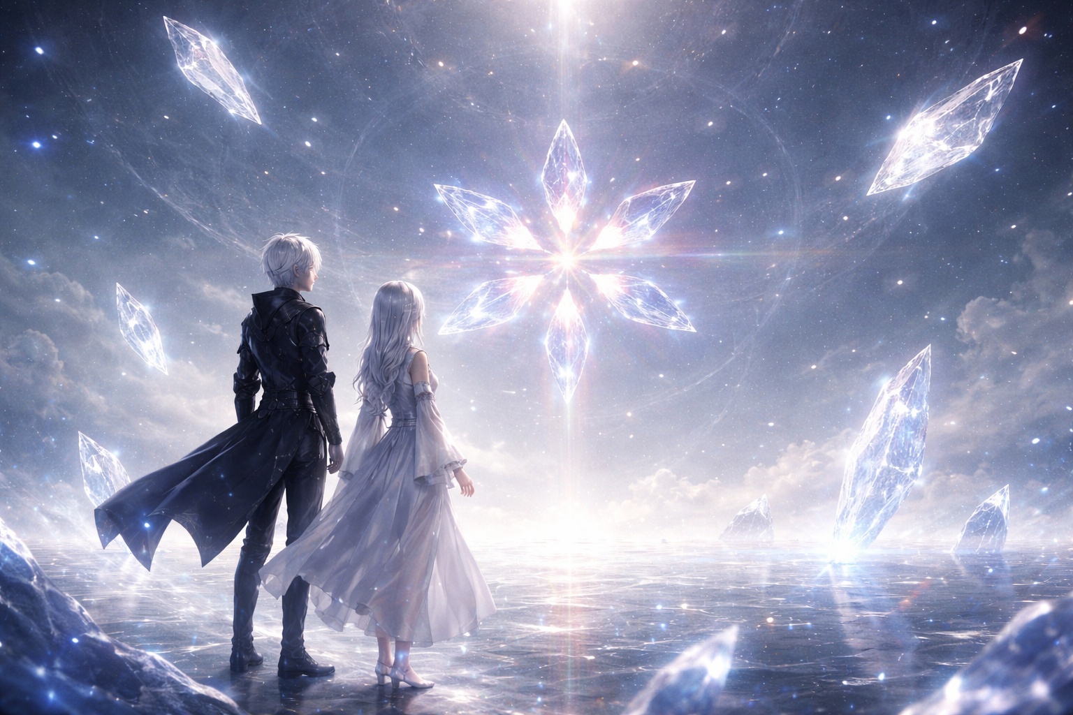 Elias and Selence standing in a neutral cosmic space where memory fragments solidify at the origin of the Custodian System