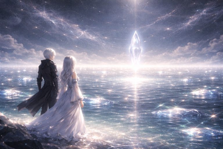 Elias and Selence standing before a luminous sea of forgotten memories as the Silence Fragment hovers above the glowing surface