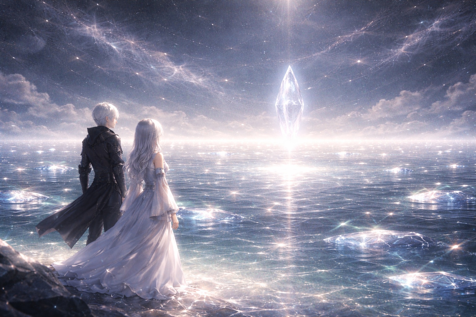 Elias and Selence standing before a luminous sea of forgotten memories as the Silence Fragment hovers above the glowing surface