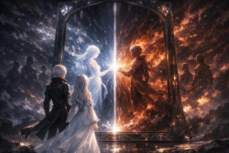 Elias and Selence facing a dark mirror that reveals the origin of the Custodian System and the first division between logic and emotion