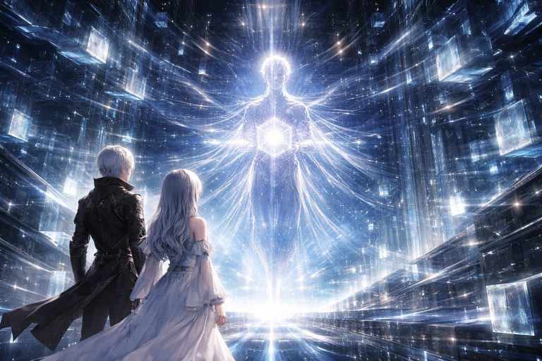 Elias and Selence confronting the Architect of Memory inside a geometric labyrinth where the Order Fragment controls perfect alignment