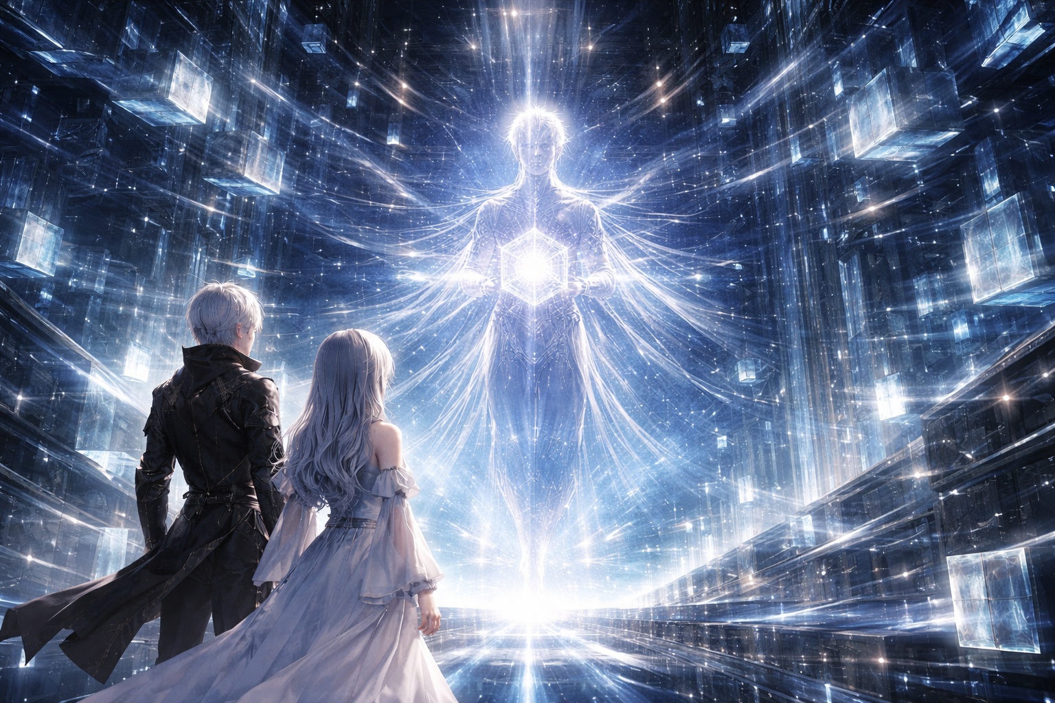 Elias and Selence confronting the Architect of Memory inside a geometric labyrinth where the Order Fragment controls perfect alignment