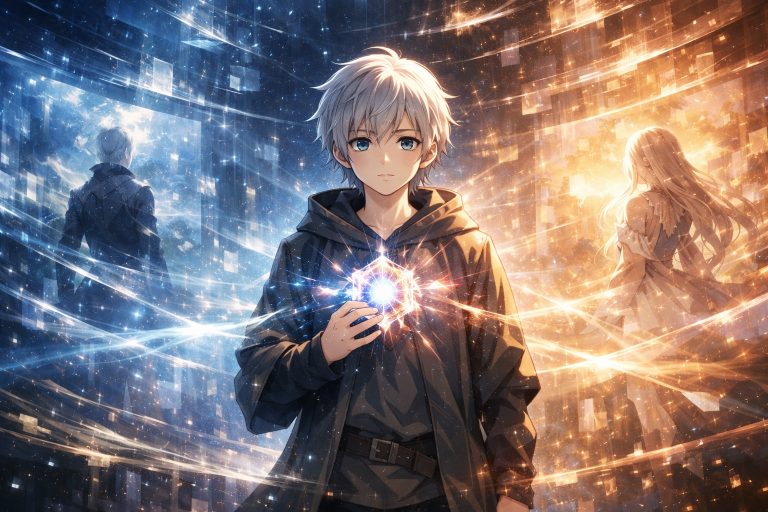 Rhelon standing within overlapping realities as the Inheritance Fragment synchronizes memories from Elias and Selence