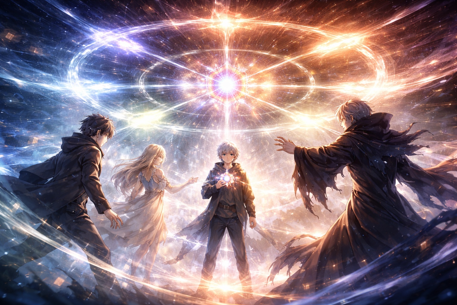 Elias, Selence, and Rhelon surrounded by converging memory fragments as Kaelis intervenes during the collapse of the Custodian System