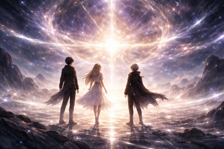 Elias, Selence, and Rhelon standing before the Pulse of Origin as free memory flows across the universe