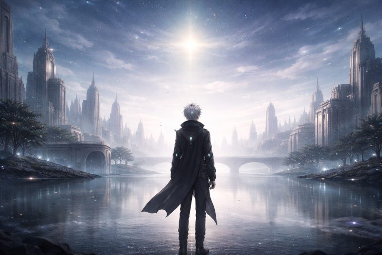 Rhelon standing in a silent city without shadows under a dim sky as The First Light glows faintly above