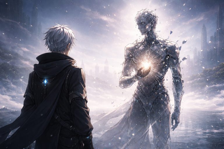Rhelon facing a fractured humanoid figure holding a glowing shard of light in a fading shadowless world