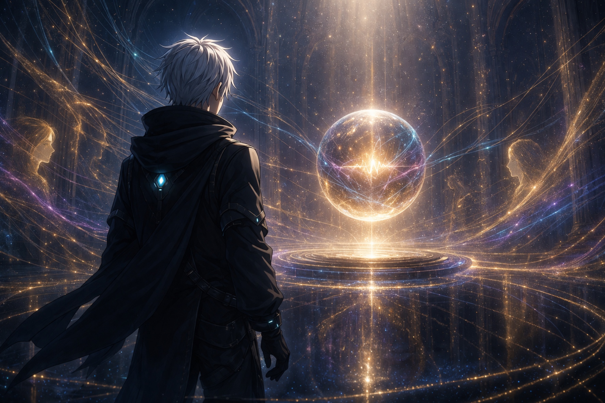Rhelon standing before a glowing sphere of light inside a vast hall of floating luminous threads and memory vibrations