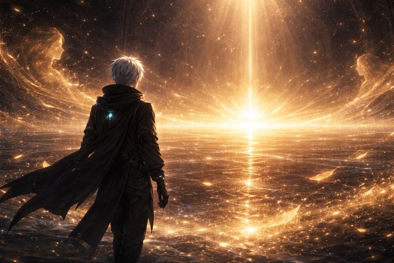 Rhelon standing alone before a vast ocean of golden light as memories dissolve into silence around him