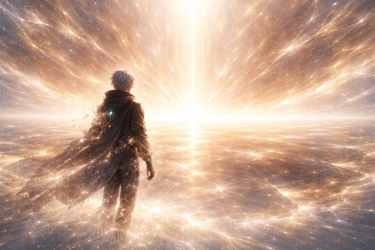 Rhelon standing within a vast white and golden light as his form dissolves into a cosmic source of existence