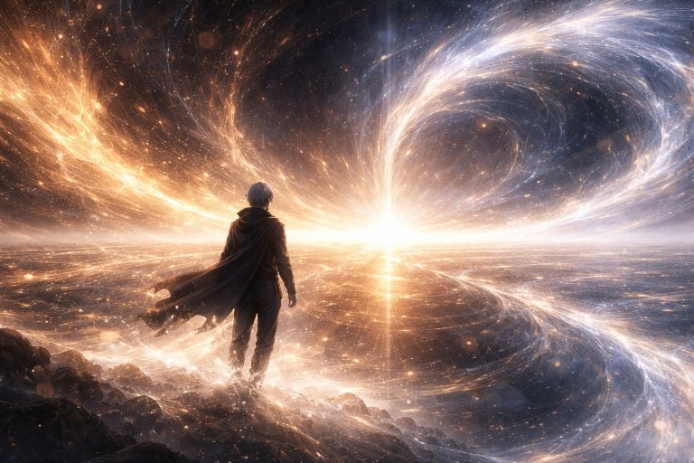 Rhelon standing in a collapsing universe of reversing light as two paths of existence unfold before him