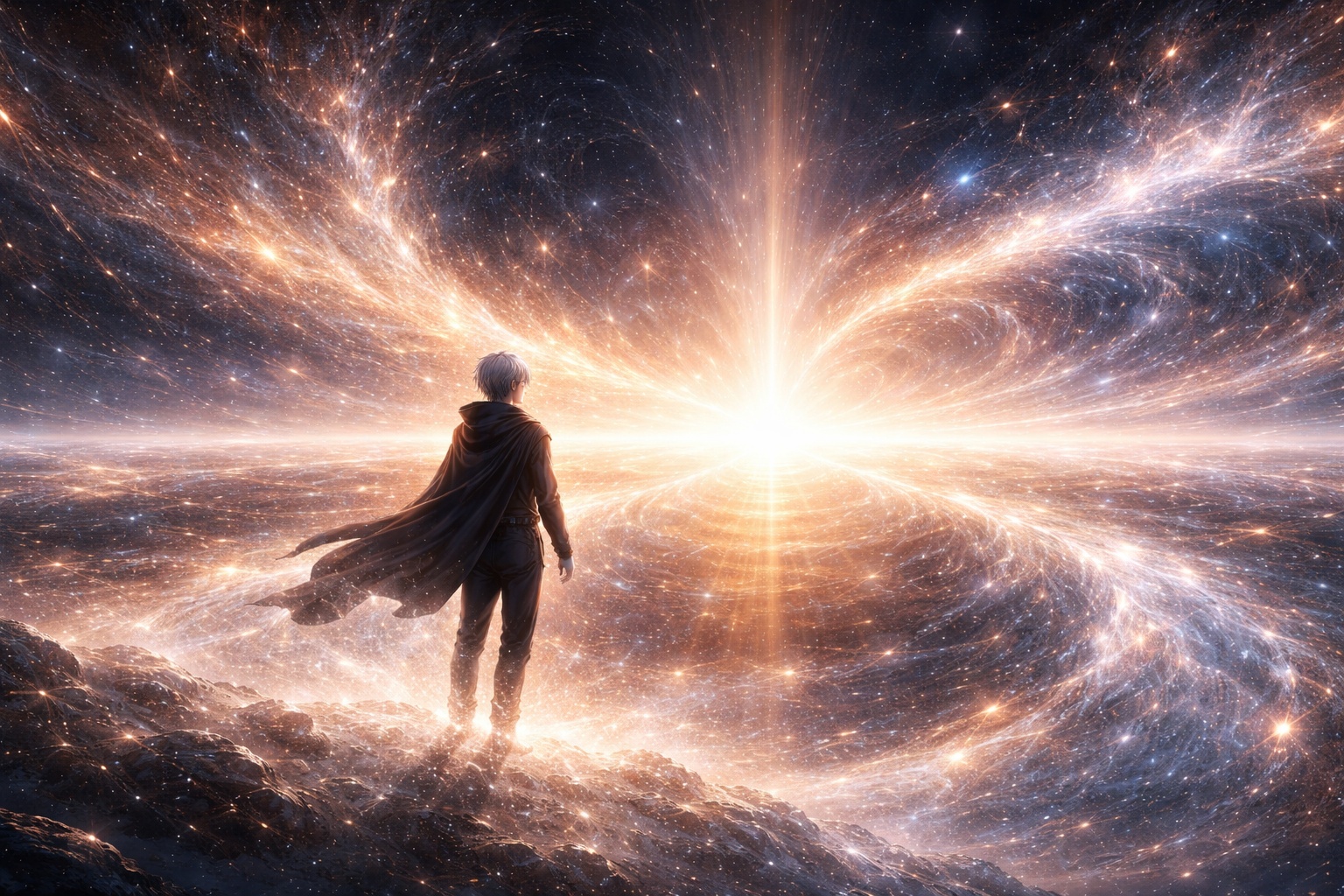 Rhelon standing at the center of a glowing galaxy as light pulses like a heartbeat through the universe