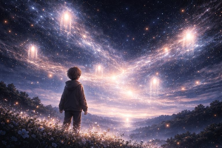 A child looking at a starry night sky where glowing lights resemble windows connecting distant worlds