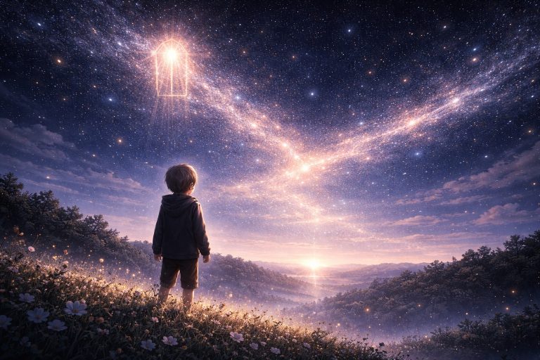 A child standing on a hill looking at a starry sky where a glowing window-like light appears among the stars