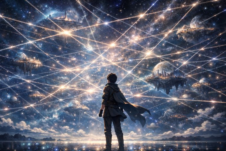 Rhelon standing beneath a vast cosmic lattice of glowing memory threads connecting countless worlds in the reborn universe