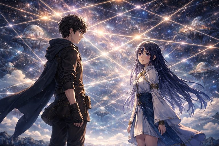 Rhelon encountering Lyr beneath the glowing lattice of echoed realities in the reborn universe