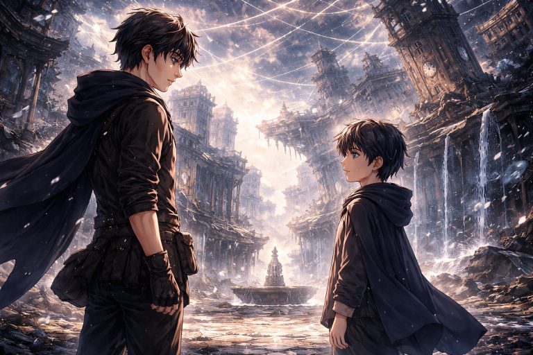 Rhelon in the City of Reversed Time encountering a younger version of himself in a memory-based reality where Elias never existed