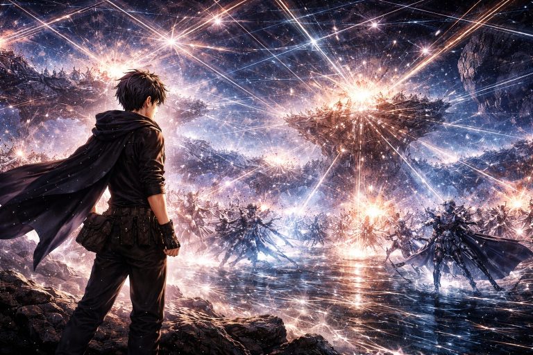 Rhelon in the Mirror War watching reflected armies of echoed realities collide across the Lattice of Remembrance