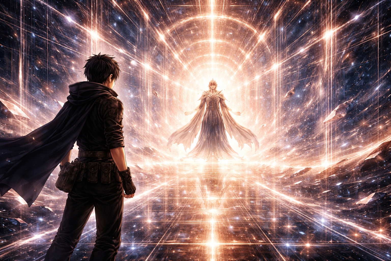 Rhelon facing the Architect within an endless abstract corridor where thought shapes reality and determines the fate of all worlds