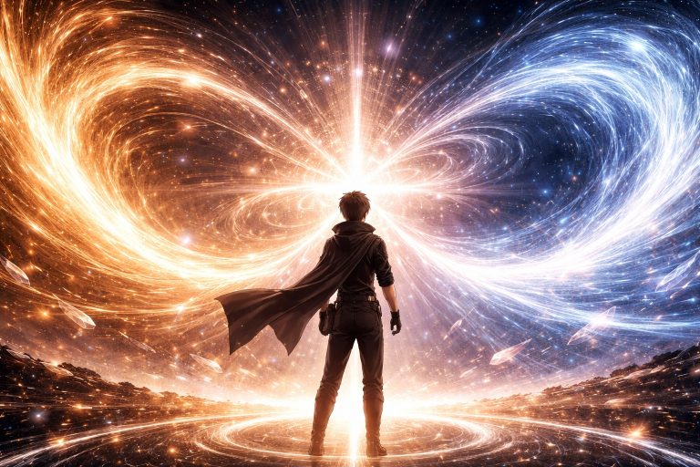 Rhelon standing between two spirals of light representing Elias and Selence as their memories begin to merge in the Circle of Origin