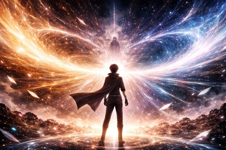 Rhelon standing at the center of converging realities as light threads merge while the Voice of Forgetting emerges from the fading lattice