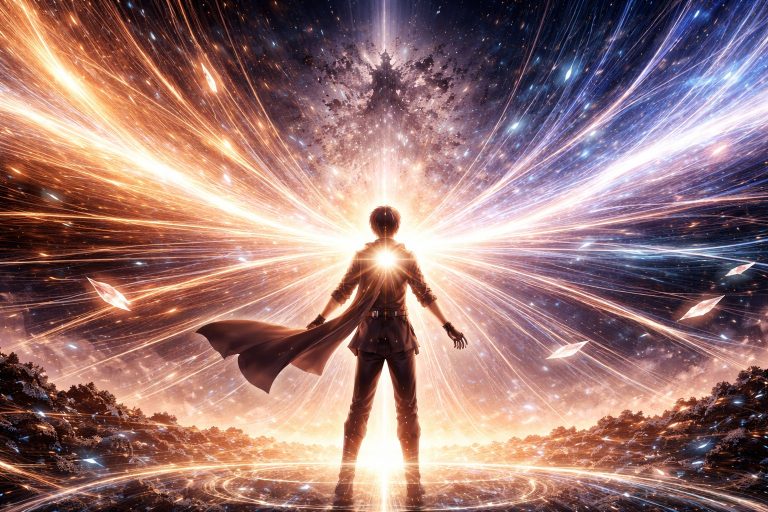 Rhelon surrounded by converging light threads as the Voice of Forgetting dissolves and he becomes the bridge between realities